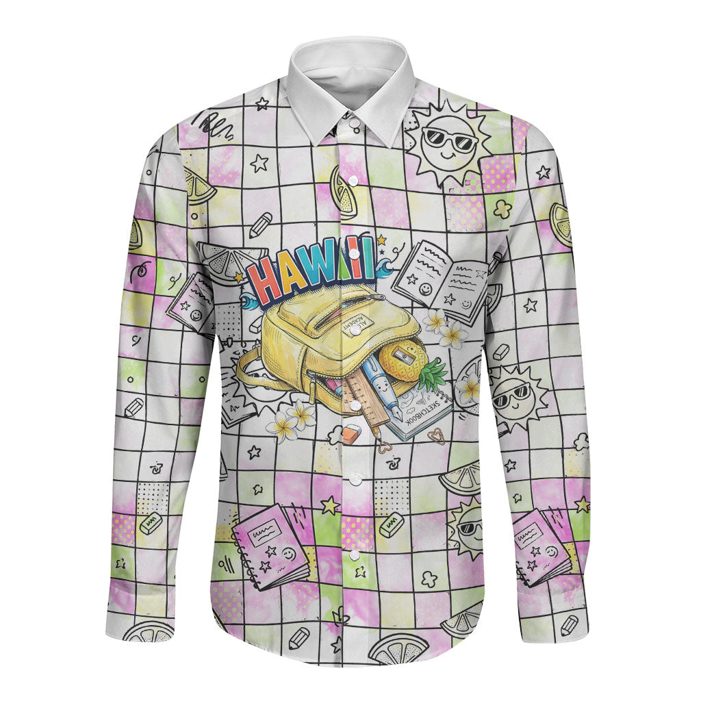 Hawaii Cruising Back To School Long Sleeve Button Shirt Grid Pattern With School Bag And Vintage Surf Van