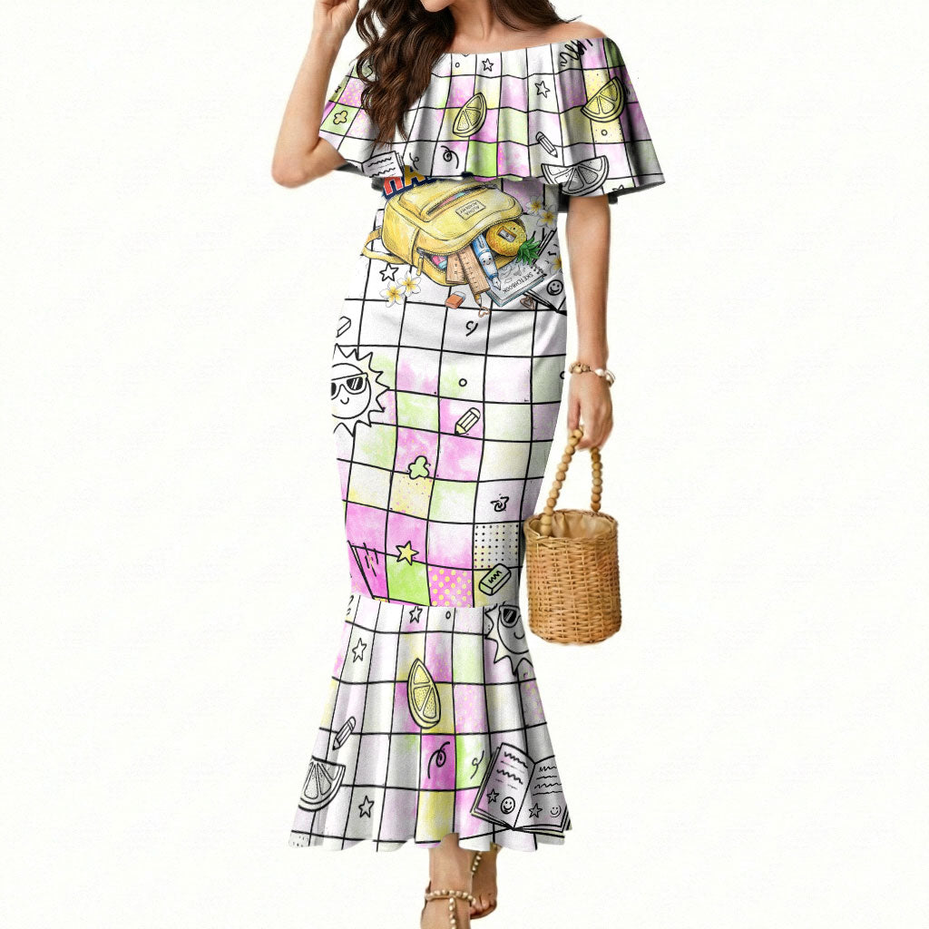 Hawaii Cruising Back To School Mermaid Dress Grid Pattern With School Bag And Vintage Surf Van