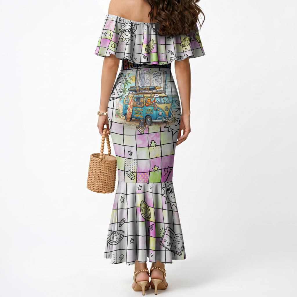 Hawaii Cruising Back To School Mermaid Dress Grid Pattern With School Bag And Vintage Surf Van TS04 - Polynesian Pride