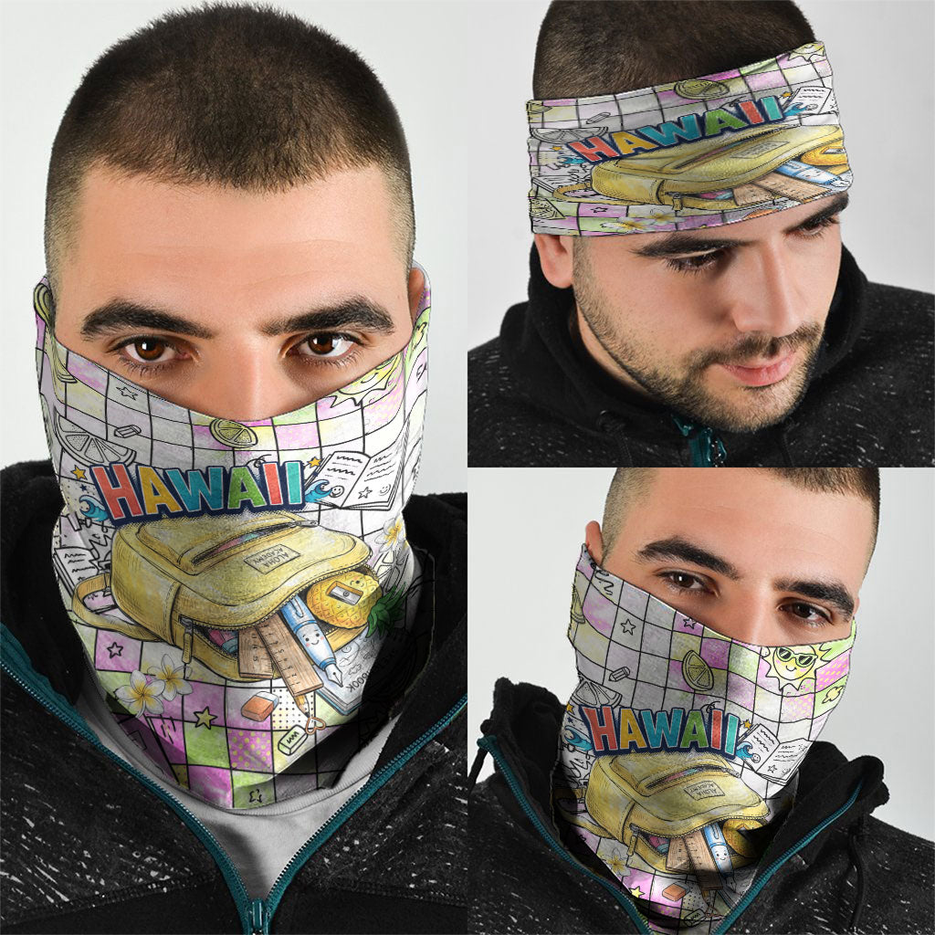 Hawaii Cruising Back To School Neck Gaiter Grid Pattern With School Bag And Vintage Surf Van
