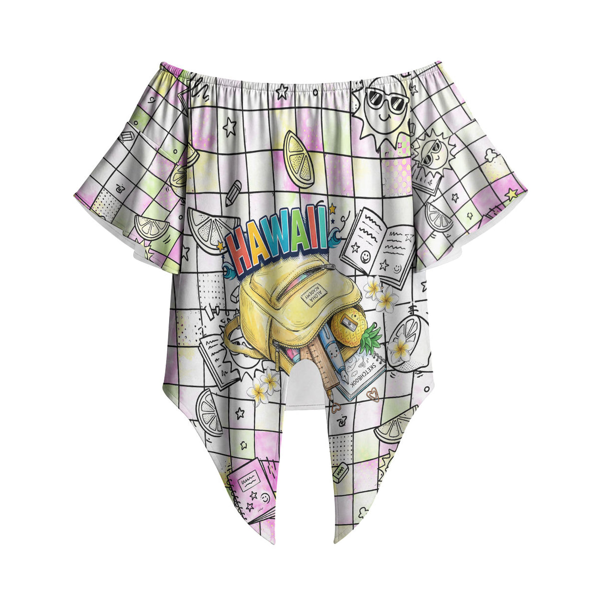 Hawaii Cruising Back To School Off Shoulder Wrap Waist Top Grid Pattern With School Bag And Vintage Surf Van TS04 White Yellow - Polynesian Pride