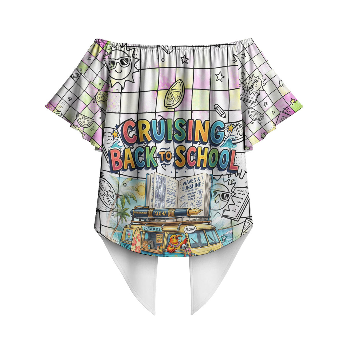 Hawaii Cruising Back To School Off Shoulder Wrap Waist Top Grid Pattern With School Bag And Vintage Surf Van TS04 - Polynesian Pride