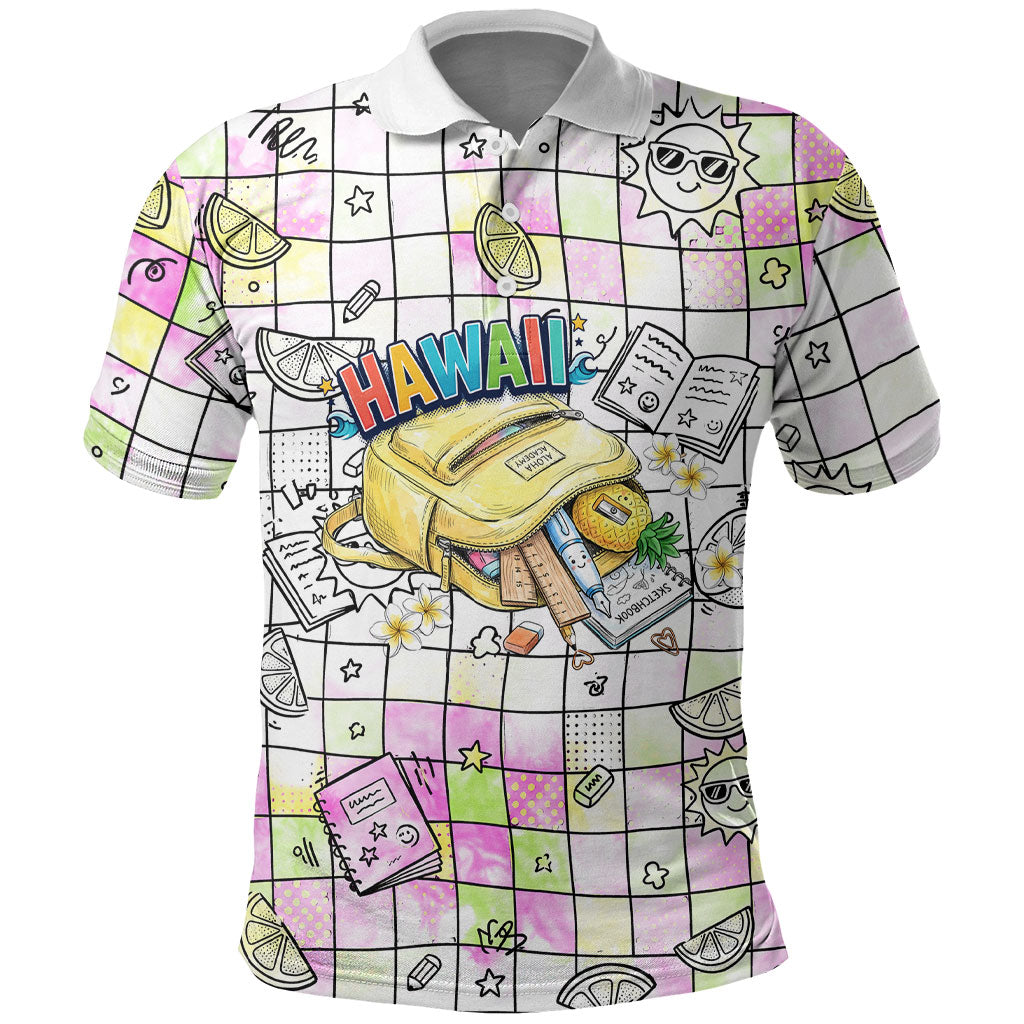 Hawaii Cruising Back To School Polo Shirt Grid Pattern With School Bag And Vintage Surf Van
