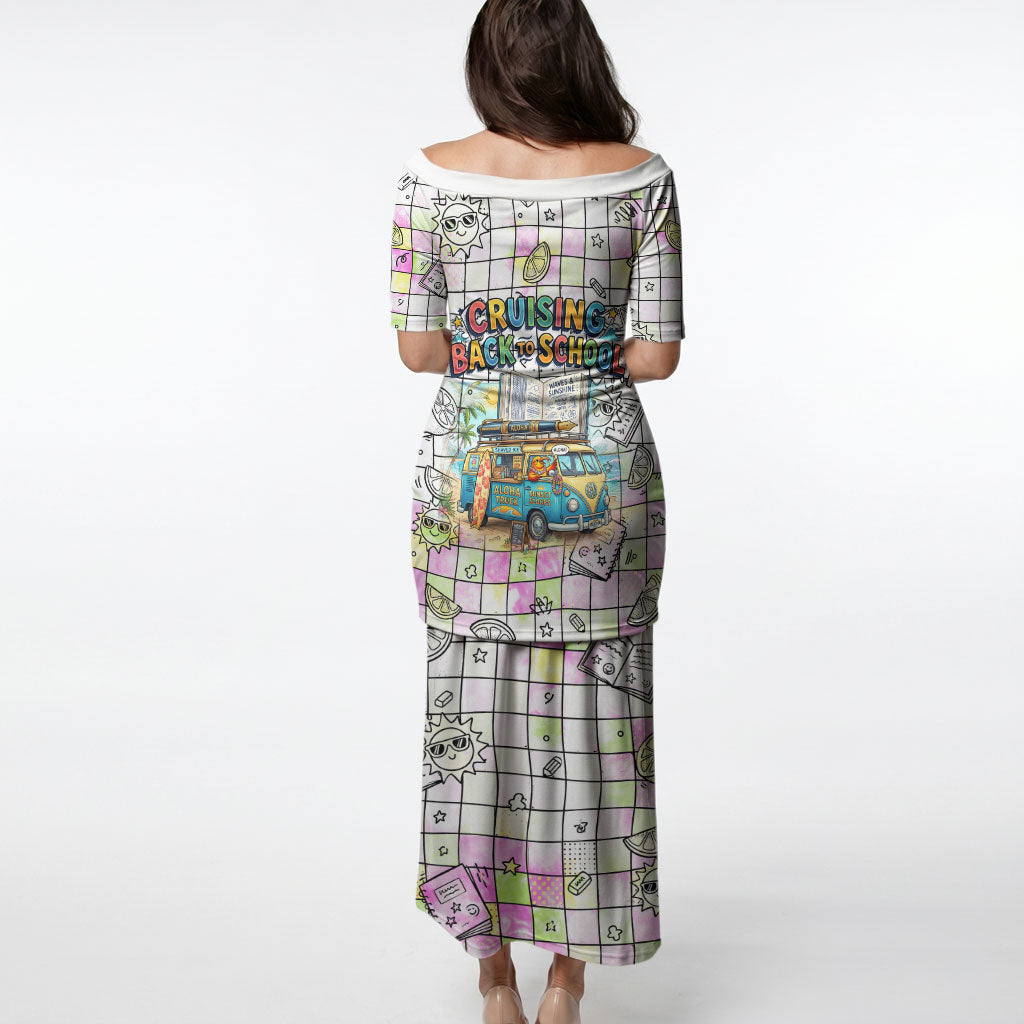 Hawaii Cruising Back To School Puletasi Grid Pattern With School Bag And Vintage Surf Van