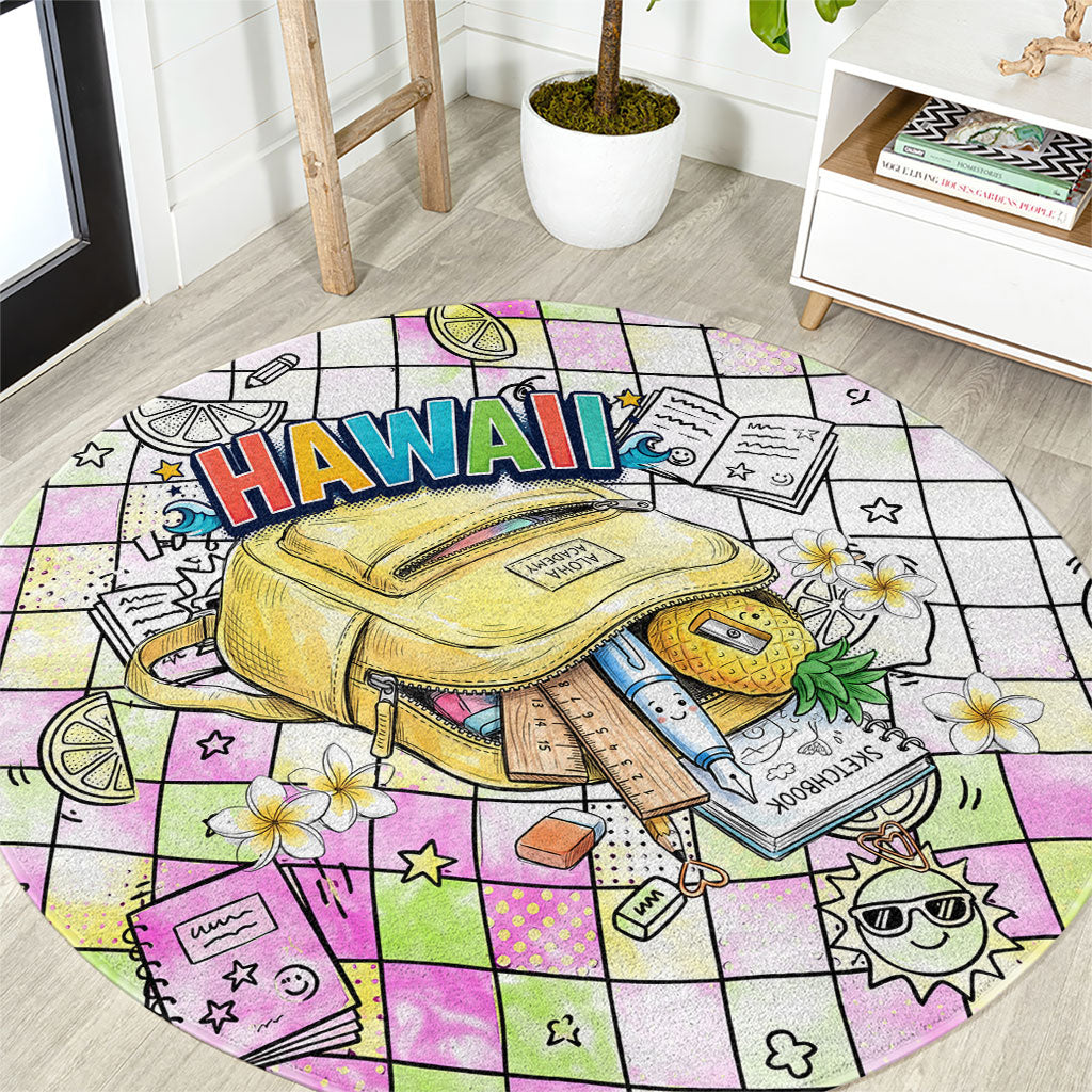 Hawaii Cruising Back To School Round Carpet Grid Pattern With School Bag And Vintage Surf Van