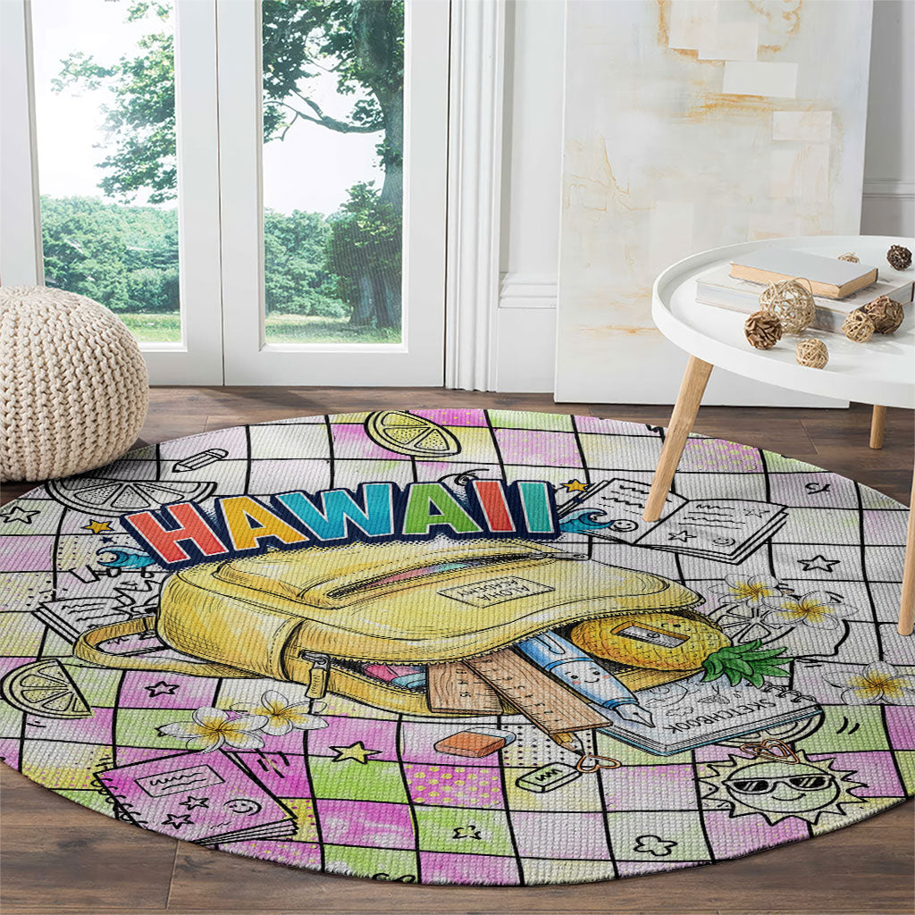 Hawaii Cruising Back To School Round Carpet Grid Pattern With School Bag And Vintage Surf Van