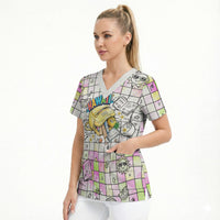 Hawaii Cruising Back To School Scrub Top Grid Pattern With School Bag And Vintage Surf Van
