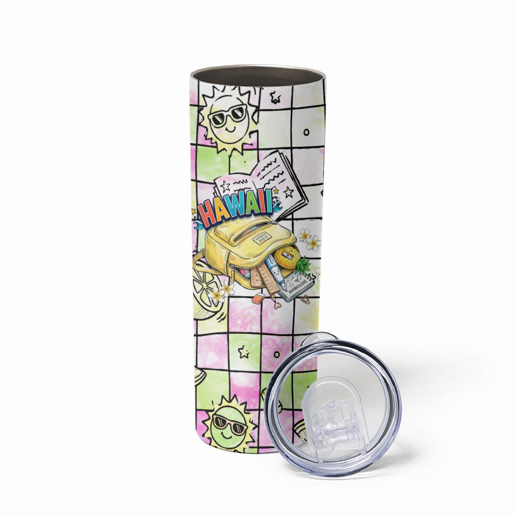 Hawaii Cruising Back To School Skinny Tumbler Grid Pattern With School Bag And Vintage Surf Van TS04 - Polynesian Pride