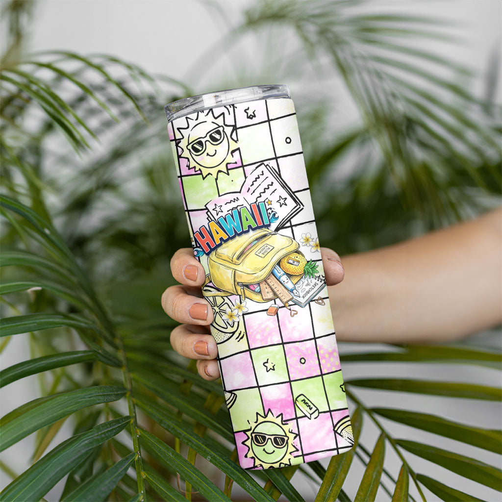Hawaii Cruising Back To School Skinny Tumbler Grid Pattern With School Bag And Vintage Surf Van TS04 - Polynesian Pride
