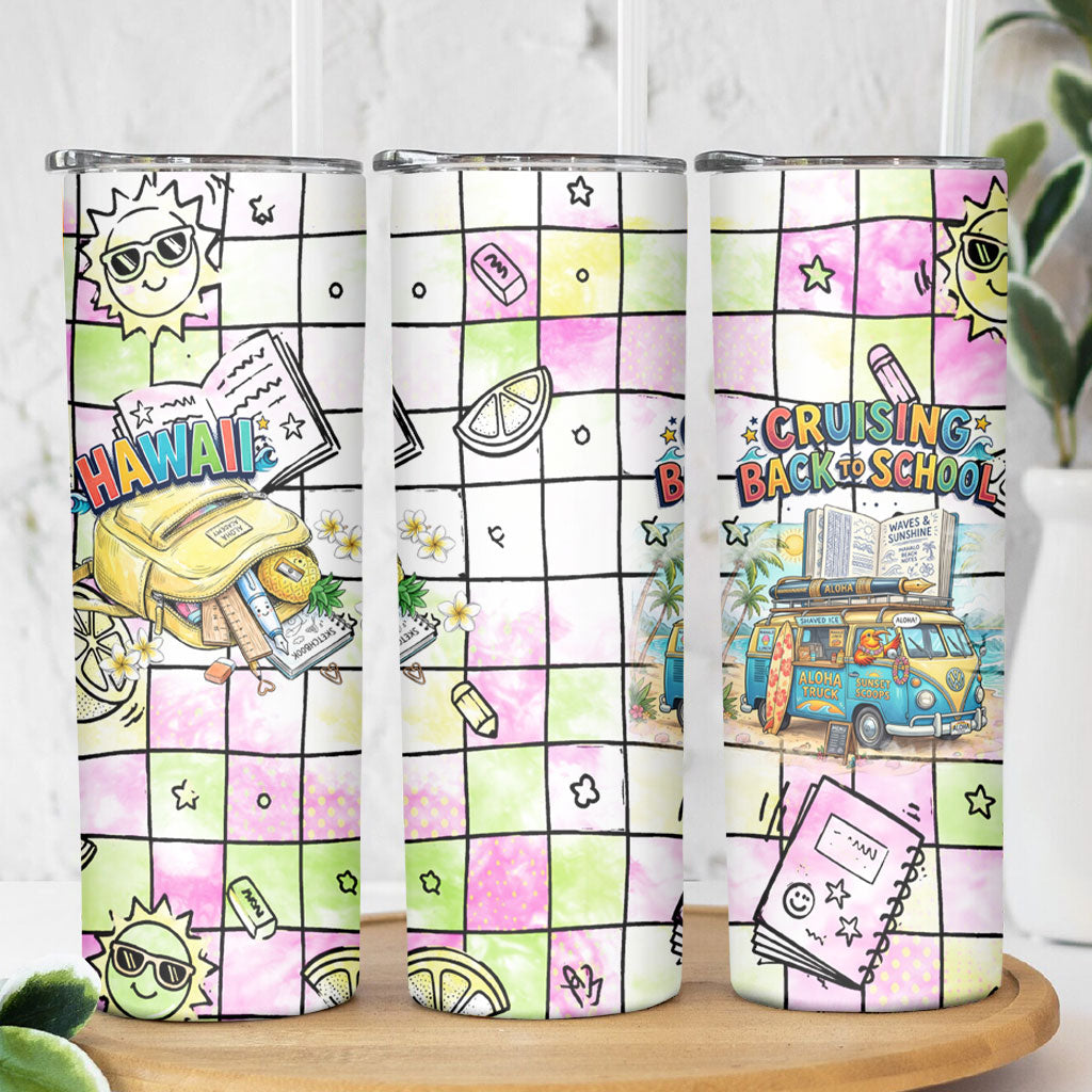 Hawaii Cruising Back To School Skinny Tumbler Grid Pattern With School Bag And Vintage Surf Van TS04 - Polynesian Pride
