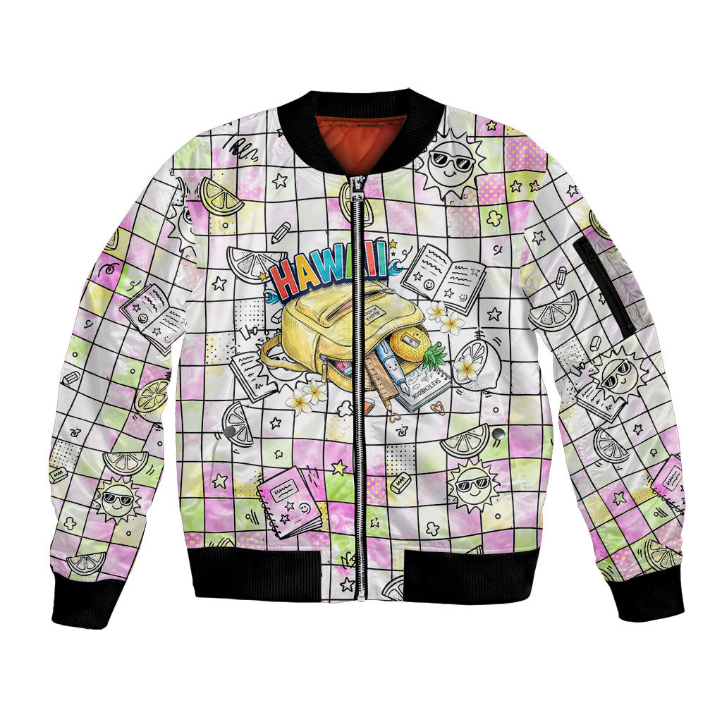 Hawaii Cruising Back To School Sleeve Zip Bomber Jacket Grid Pattern With School Bag And Vintage Surf Van TS04 Unisex White Yellow - Polynesian Pride
