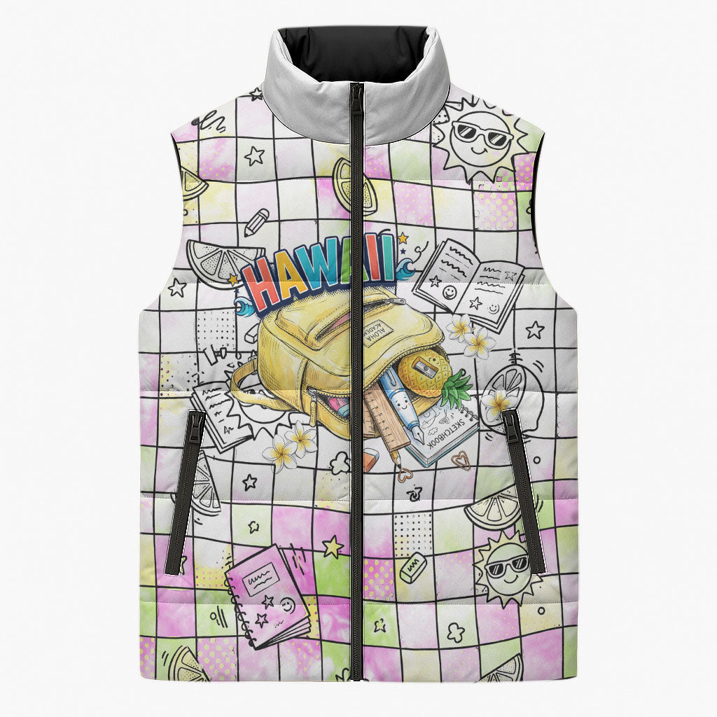 Hawaii Cruising Back To School Sleeveless Puffer Jacket Grid Pattern With School Bag And Vintage Surf Van