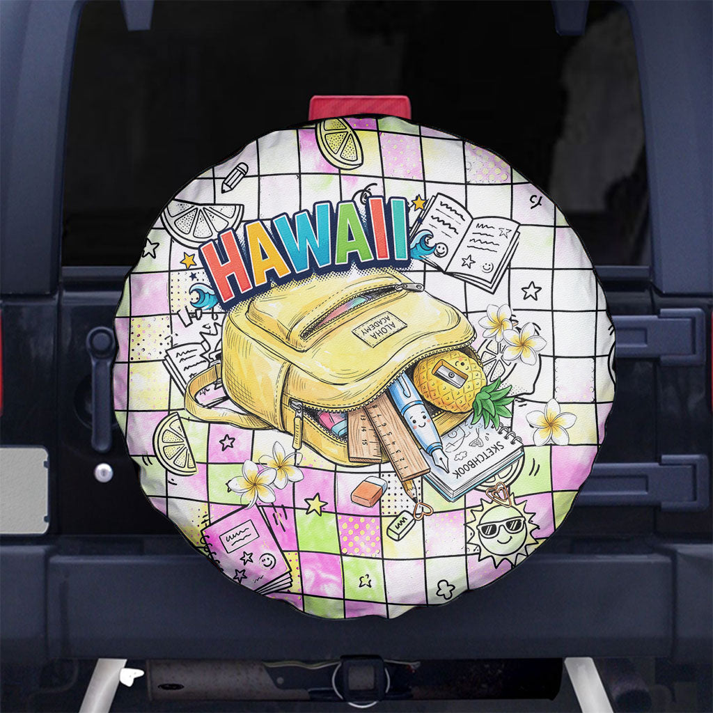 Hawaii Cruising Back To School Spare Tire Cover Grid Pattern With School Bag And Vintage Surf Van