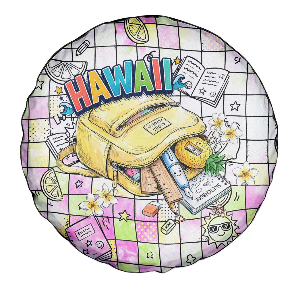 Hawaii Cruising Back To School Spare Tire Cover Grid Pattern With School Bag And Vintage Surf Van