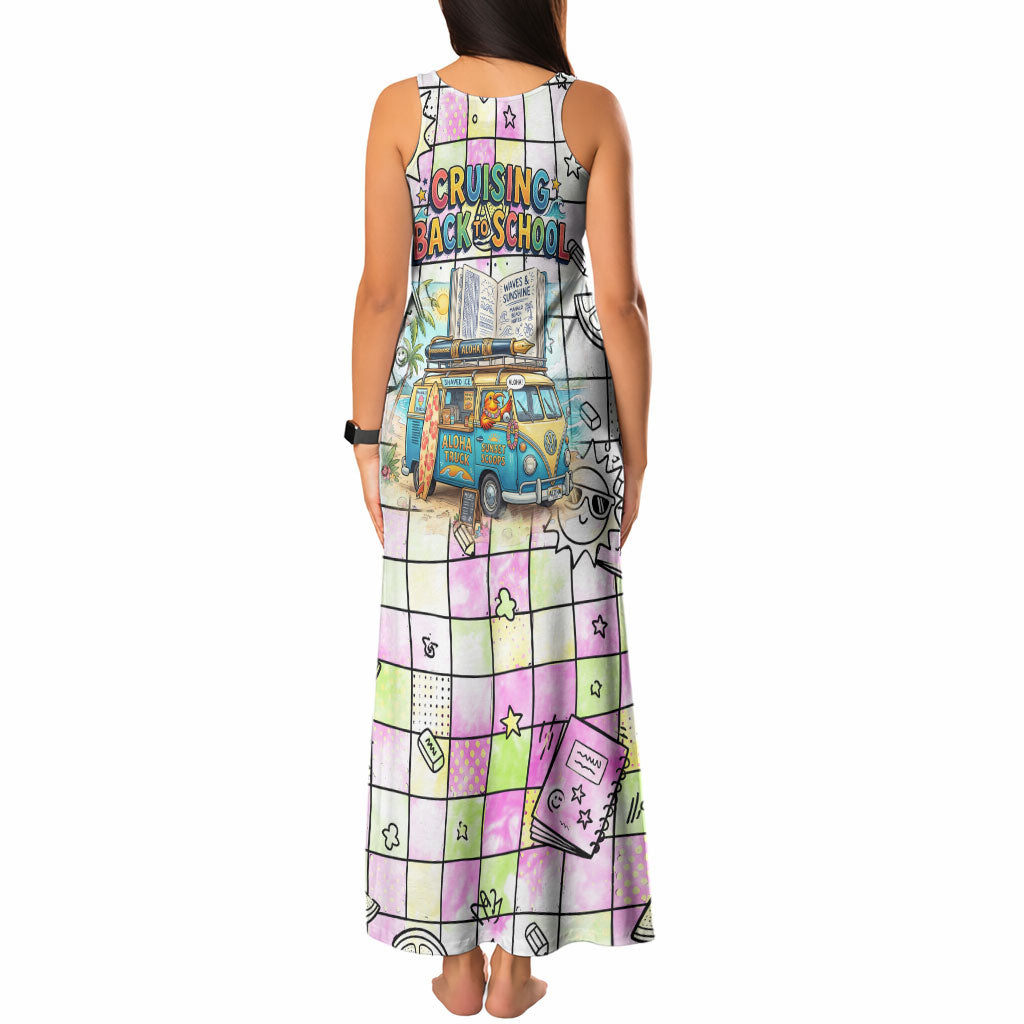 Hawaii Cruising Back To School Tank Maxi Dress Grid Pattern With School Bag And Vintage Surf Van