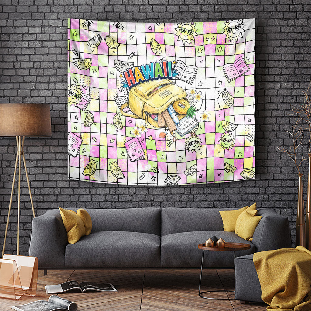 Hawaii Cruising Back To School Tapestry Grid Pattern With School Bag And Vintage Surf Van TS04 White Yellow - Polynesian Pride