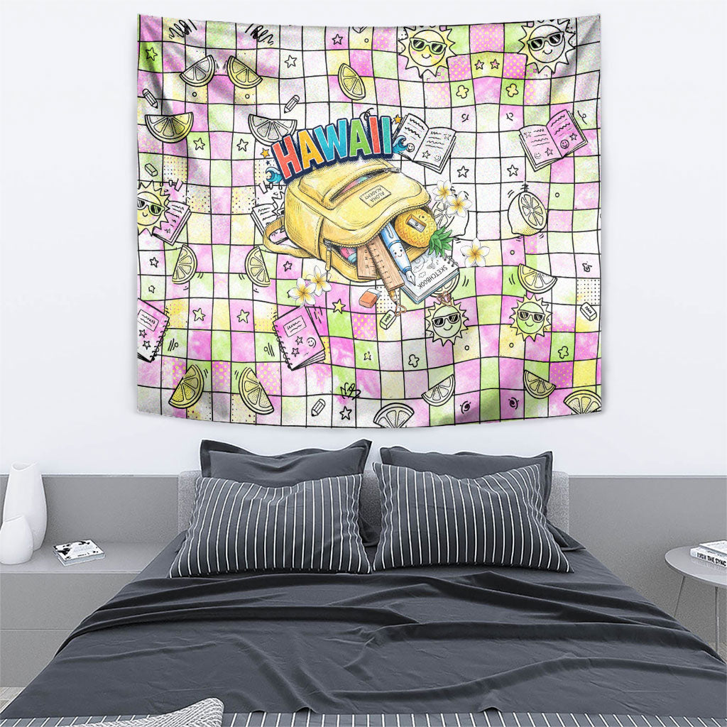 Hawaii Cruising Back To School Tapestry Grid Pattern With School Bag And Vintage Surf Van TS04 - Polynesian Pride
