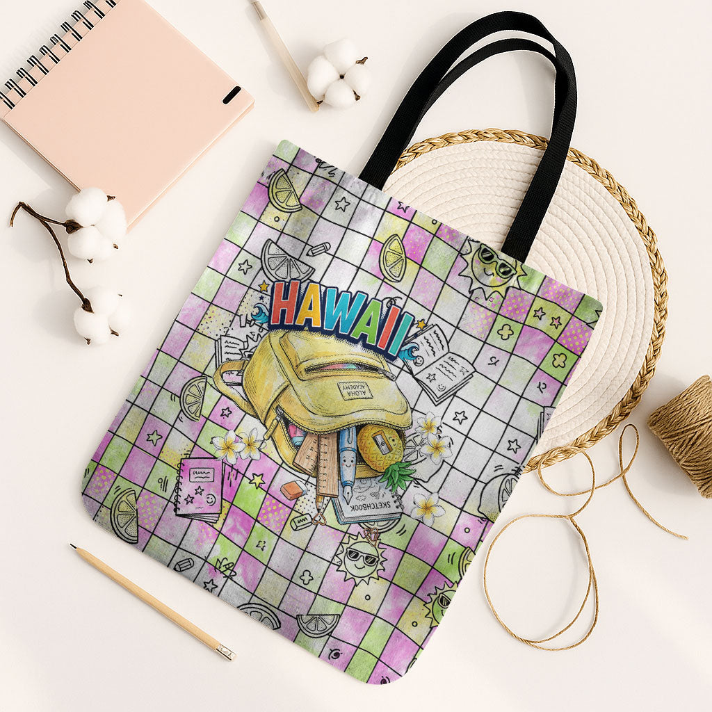Hawaii Cruising Back To School Tote Bag Grid Pattern With School Bag And Vintage Surf Van