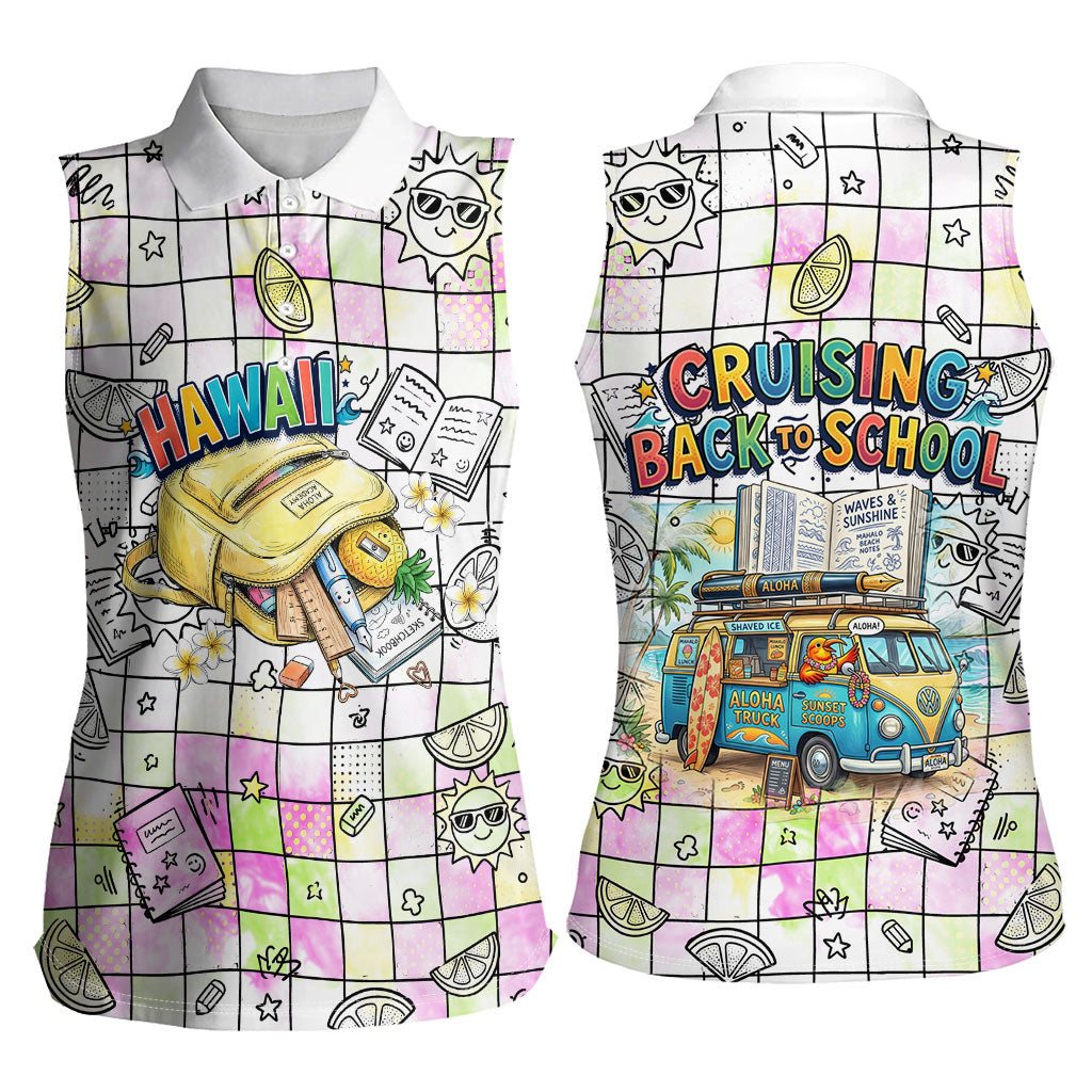 Hawaii Cruising Back To School Women Sleeveless Polo Shirt Grid Pattern With School Bag And Vintage Surf Van TS04 - Polynesian Pride