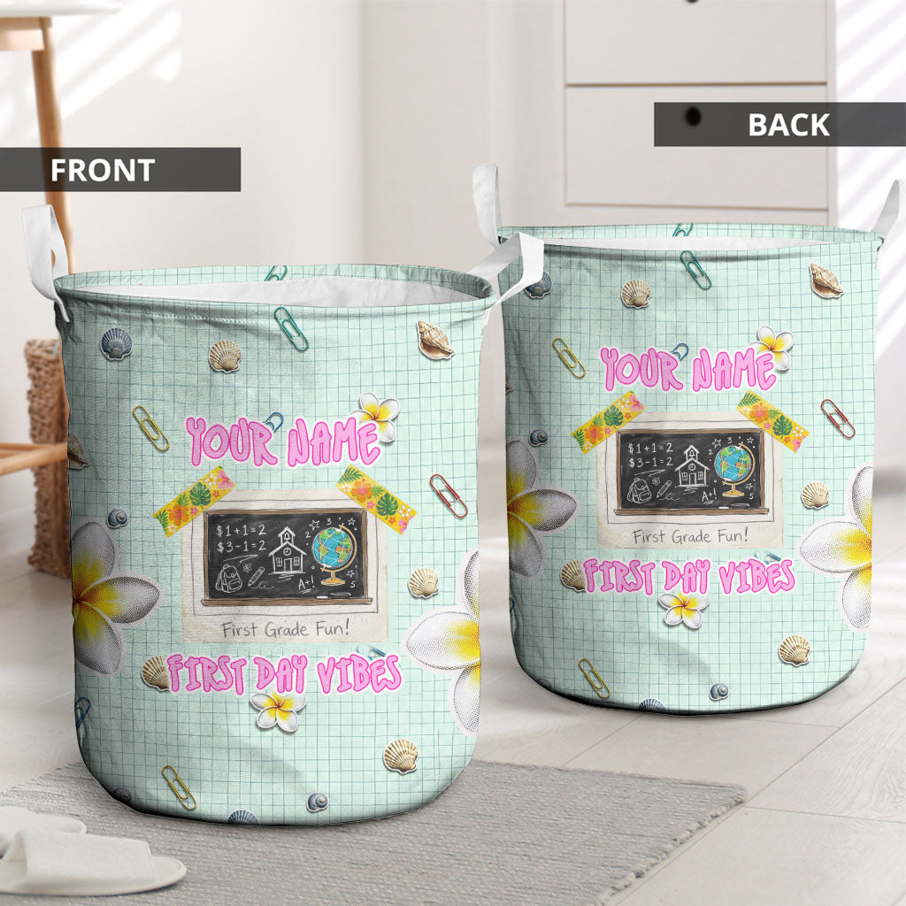 Personalized Hawaii Back To School Dolphin Laundry Basket Grid Notebook Background With Dolphin Mascot And Plumeria Flowers TS04 - Polynesian Pride