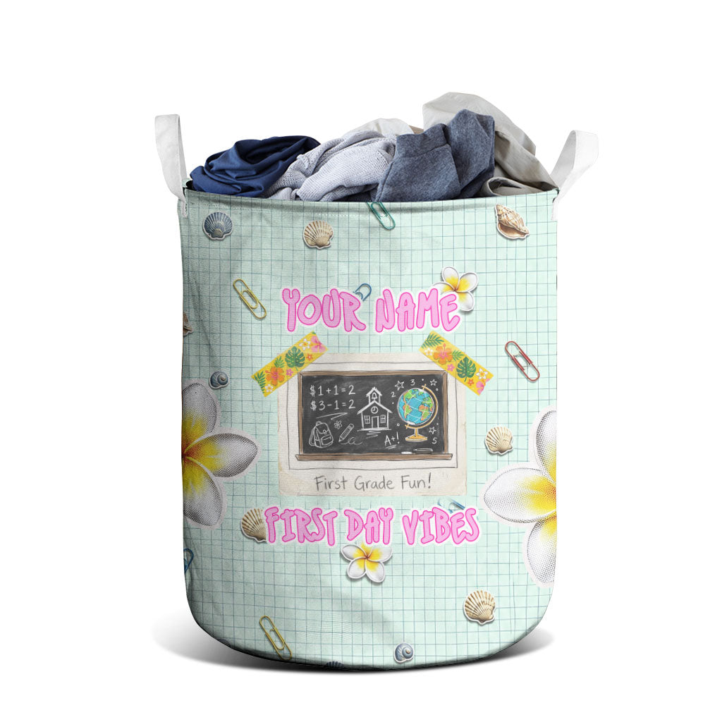 Personalized Hawaii Back To School Dolphin Laundry Basket Grid Notebook Background With Dolphin Mascot And Plumeria Flowers TS04 - Polynesian Pride