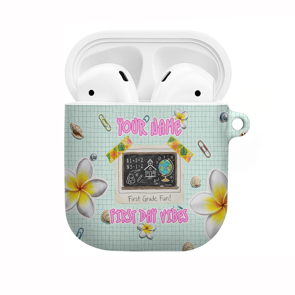 Personalized Hawaii Back To School Dolphin AirPods Case Grid Notebook Background With Dolphin Mascot And Plumeria Flowers TS04 Green White - Polynesian Pride
