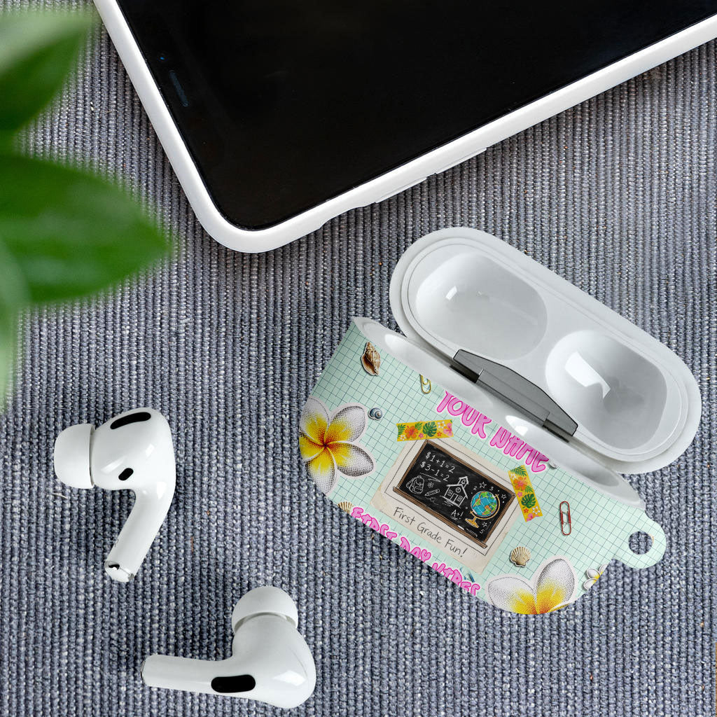Personalized Hawaii Back To School Dolphin AirPods Case Grid Notebook Background With Dolphin Mascot And Plumeria Flowers TS04 - Polynesian Pride