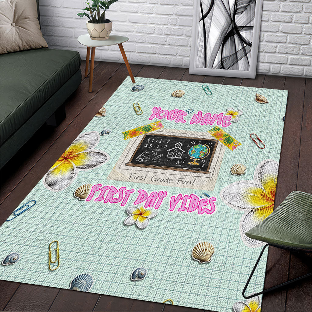 Personalized Hawaii Back To School Dolphin Area Rug Grid Notebook Background With Dolphin Mascot And Plumeria Flowers TS04 Green White - Polynesian Pride