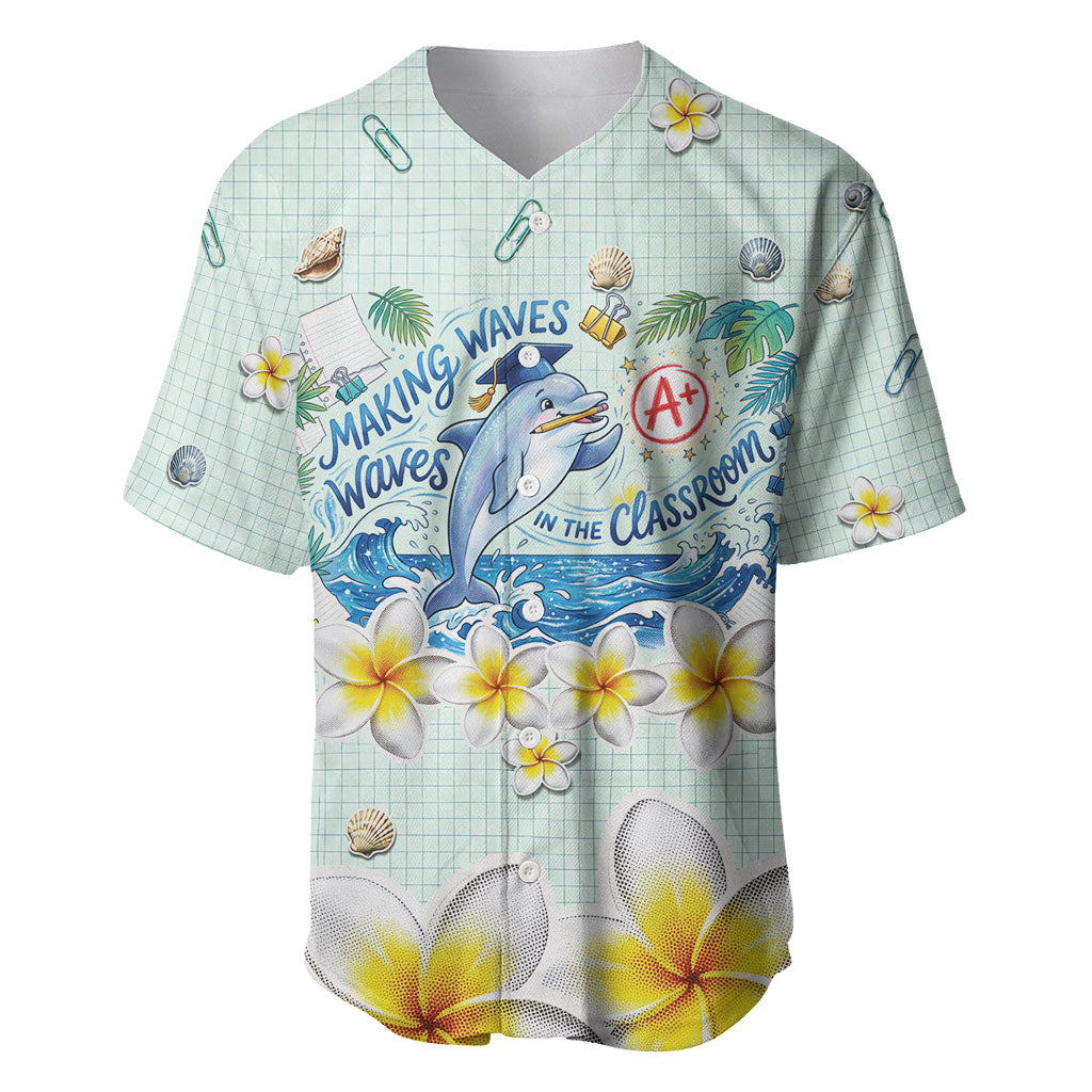 Personalized Hawaii Back To School Dolphin Baseball Jersey Grid Notebook Background With Dolphin Mascot And Plumeria Flowers TS04 Green White - Polynesian Pride