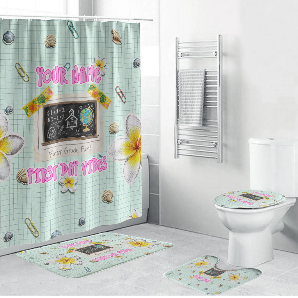 Personalized Hawaii Back To School Dolphin Bathroom Set Grid Notebook Background With Dolphin Mascot And Plumeria Flowers TS04 Bathroom Set (4 pcs) Green White - Polynesian Pride