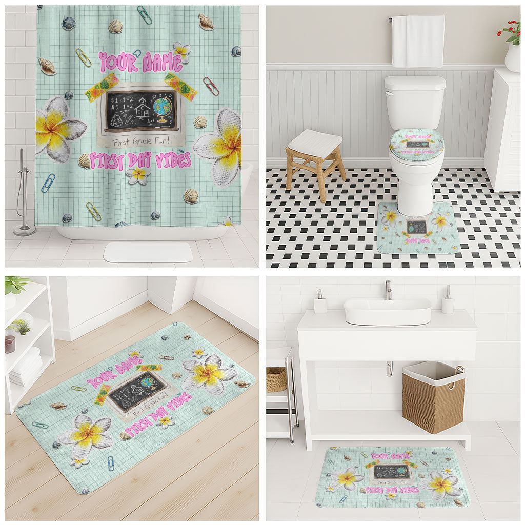 Personalized Hawaii Back To School Dolphin Bathroom Set Grid Notebook Background With Dolphin Mascot And Plumeria Flowers TS04 - Polynesian Pride