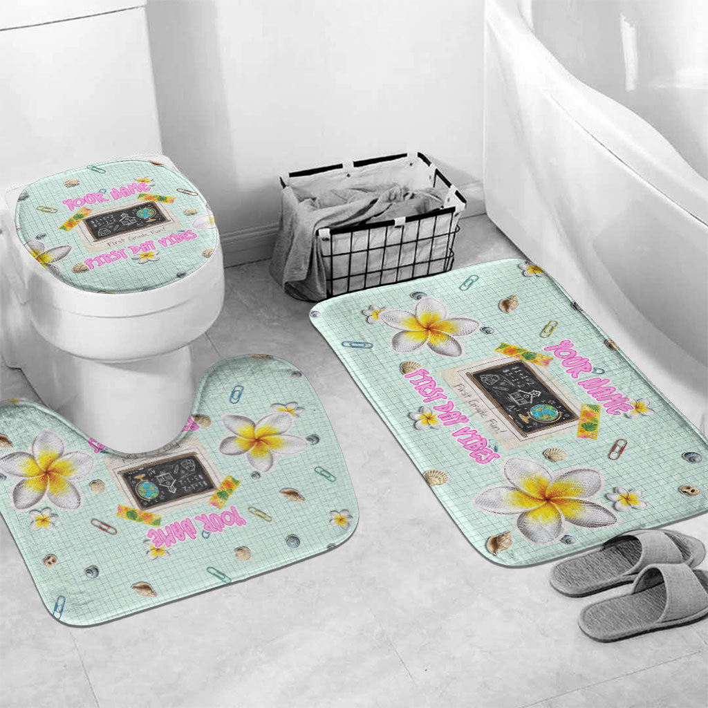 Personalized Hawaii Back To School Dolphin Bathroom Set Grid Notebook Background With Dolphin Mascot And Plumeria Flowers TS04 Mat Set Only (3 pcs) One Size Green White - Polynesian Pride