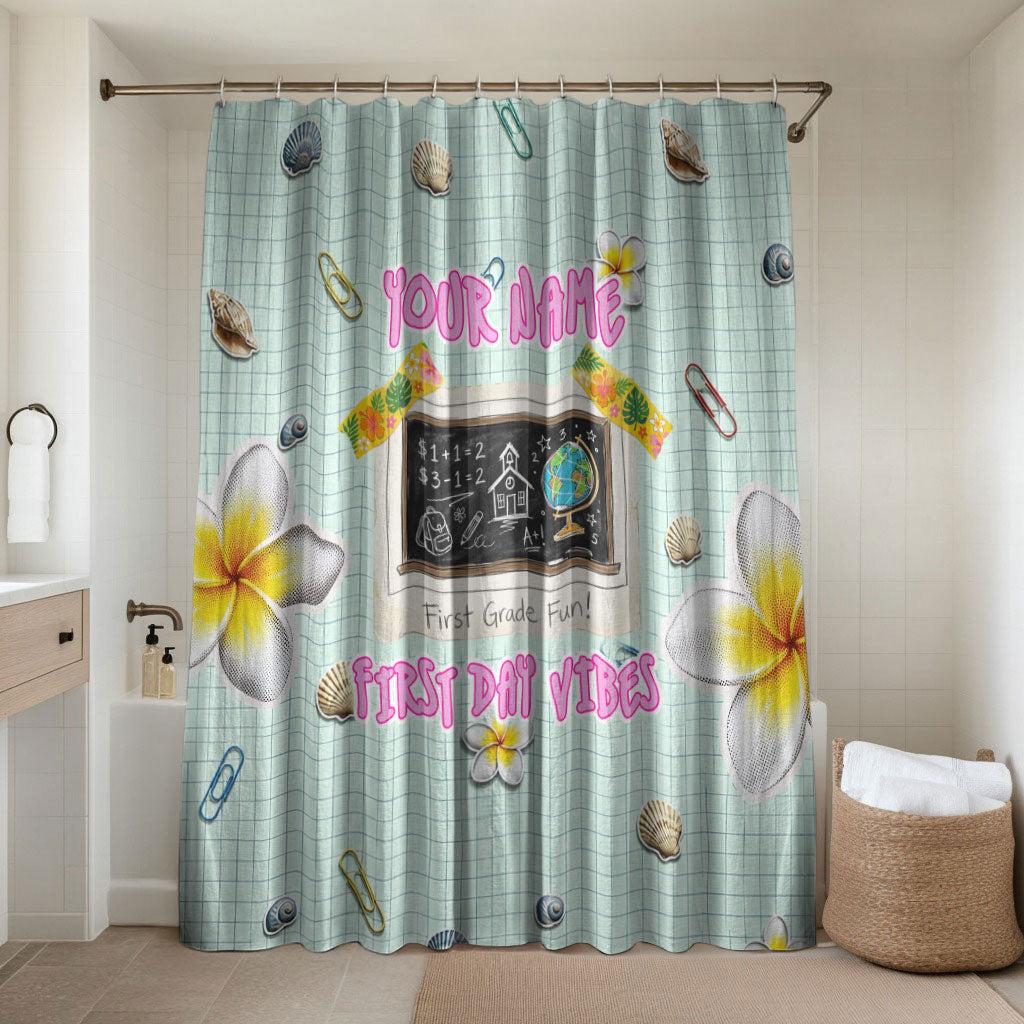 Personalized Hawaii Back To School Dolphin Bathroom Set Grid Notebook Background With Dolphin Mascot And Plumeria Flowers TS04 Shower Curtain Only Green White - Polynesian Pride