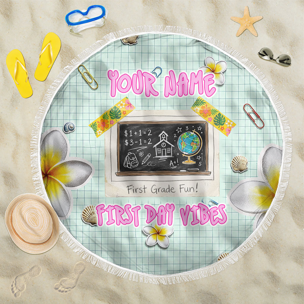 Personalized Hawaii Back To School Dolphin Beach Blanket Grid Notebook Background With Dolphin Mascot And Plumeria Flowers TS04 One Size 150cm Green White - Polynesian Pride