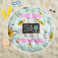 Personalized Hawaii Back To School Dolphin Beach Blanket Grid Notebook Background With Dolphin Mascot And Plumeria Flowers TS04 One Size 150cm Green White - Polynesian Pride