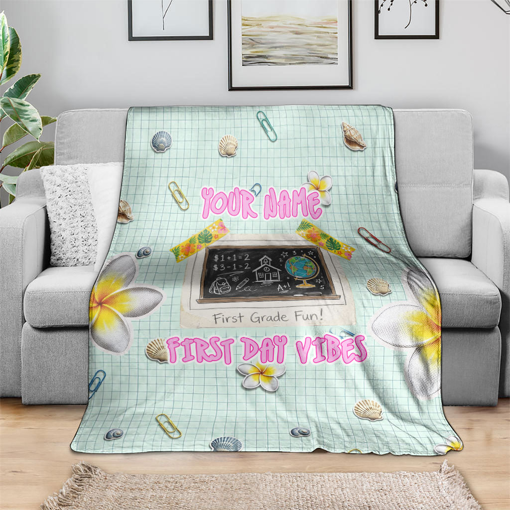 Personalized Hawaii Back To School Dolphin Blanket Grid Notebook Background With Dolphin Mascot And Plumeria Flowers TS04 - Polynesian Pride
