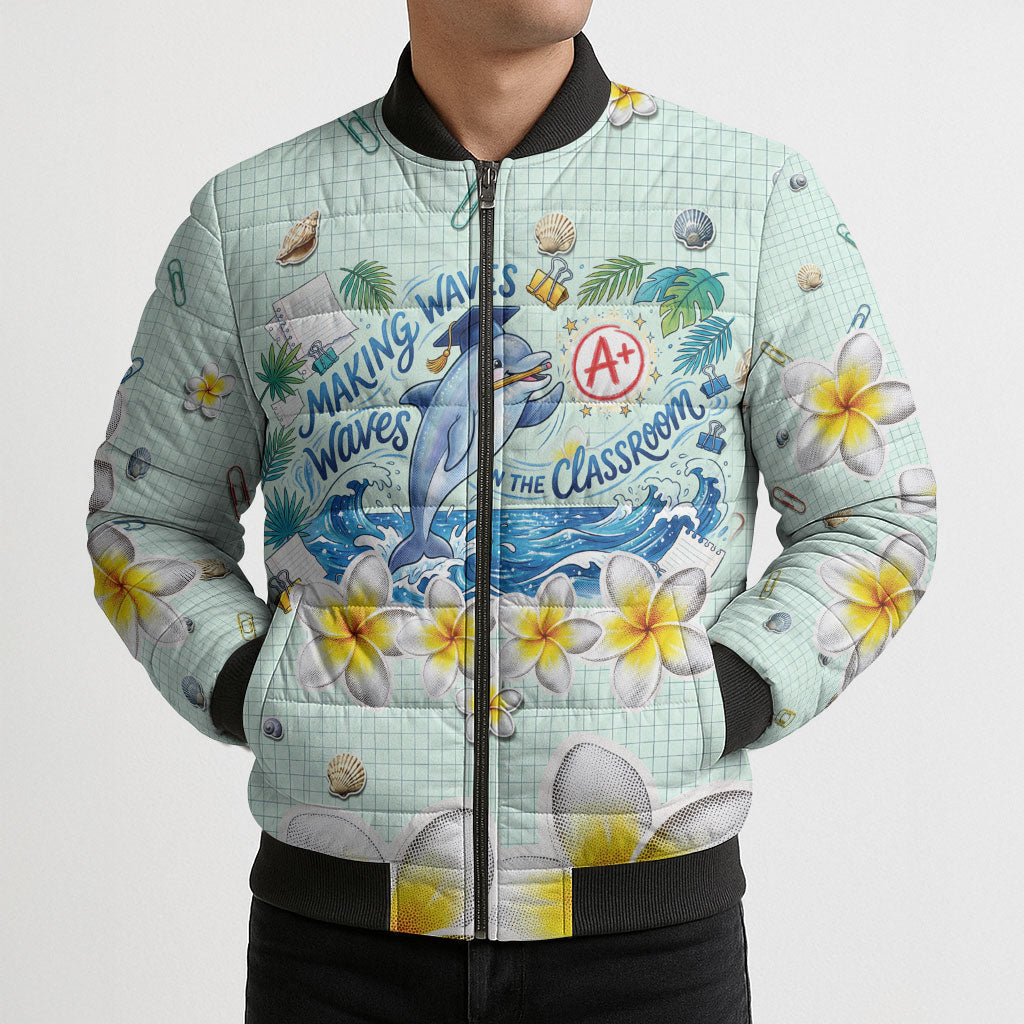 Personalized Hawaii Back To School Dolphin Bomber Puffer Jacket Grid Notebook Background With Dolphin Mascot And Plumeria Flowers TS04 - Polynesian Pride