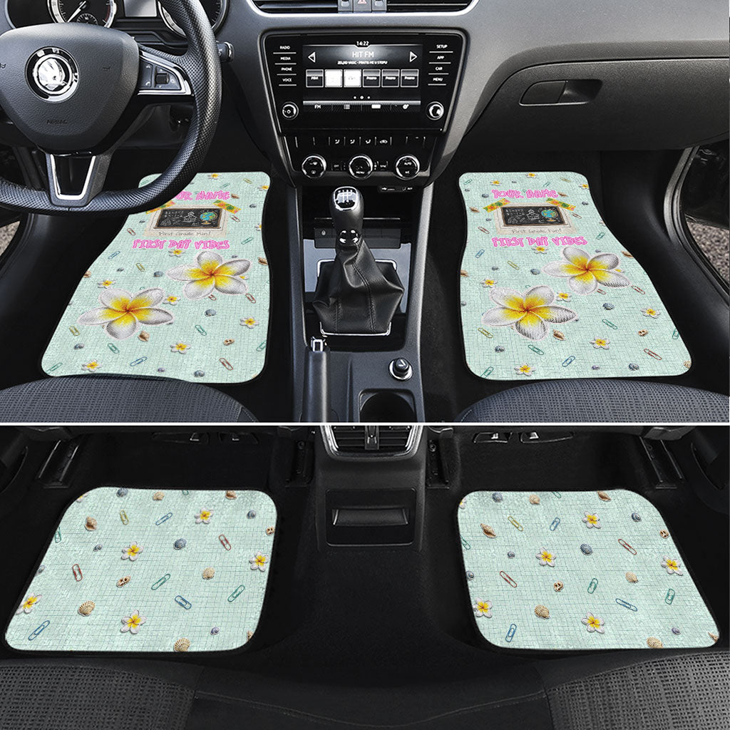 Personalized Hawaii Back To School Dolphin Car Mats Grid Notebook Background With Dolphin Mascot And Plumeria Flowers TS04 Set 4pcs Green White - Polynesian Pride