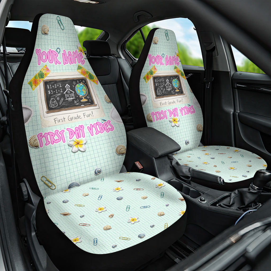 Personalized Hawaii Back To School Dolphin Car Seat Cover Grid Notebook Background With Dolphin Mascot And Plumeria Flowers TS04 One Size Green White - Polynesian Pride