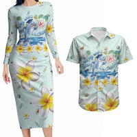 Personalized Hawaii Back To School Dolphin Couples Matching Long Sleeve Bodycon Dress and Hawaiian Shirt Grid Notebook Background With Dolphin Mascot And Plumeria Flowers TS04 Green White - Polynesian Pride