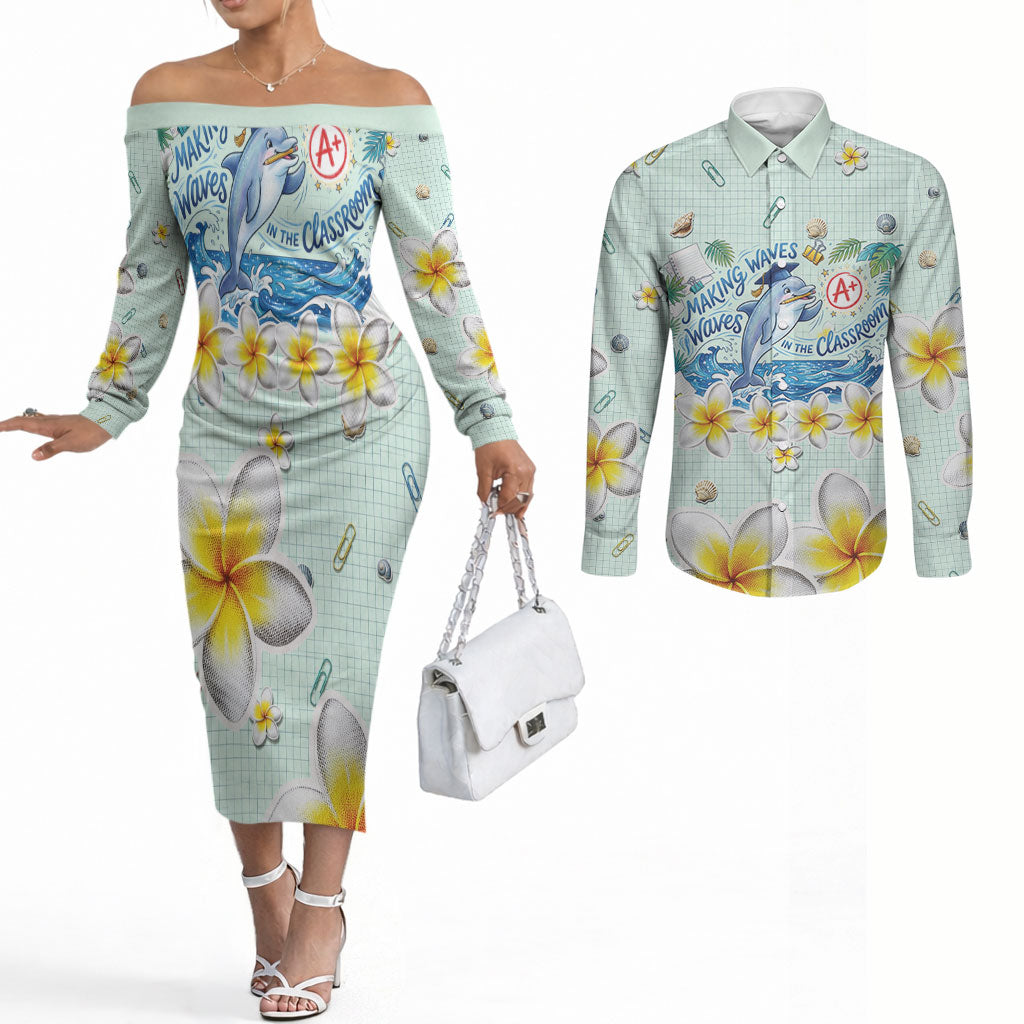 Personalized Hawaii Back To School Dolphin Couples Matching Off The Shoulder Long Sleeve Dress and Long Sleeve Button Shirt Grid Notebook Background With Dolphin Mascot And Plumeria Flowers TS04 Green White - Polynesian Pride