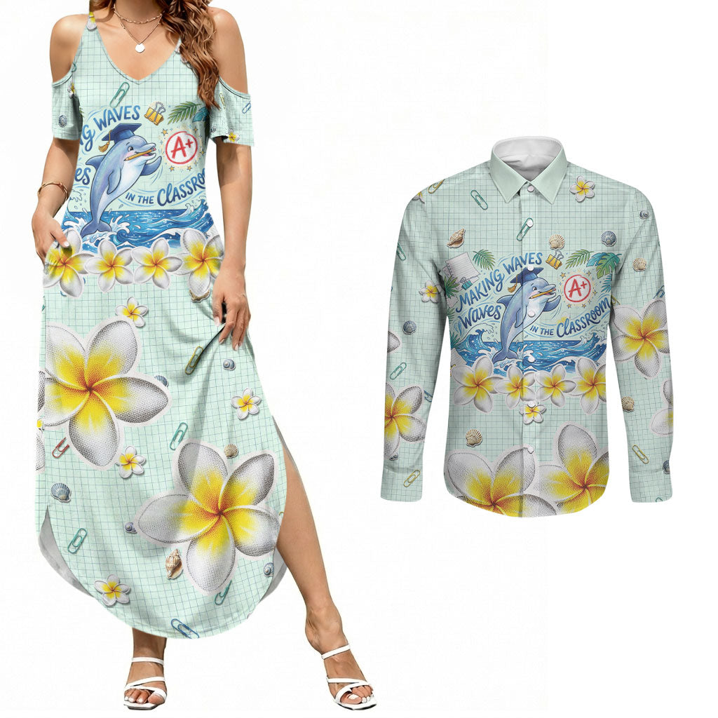 Personalized Hawaii Back To School Dolphin Couples Matching Summer Maxi Dress and Long Sleeve Button Shirt Grid Notebook Background With Dolphin Mascot And Plumeria Flowers TS04 Green White - Polynesian Pride