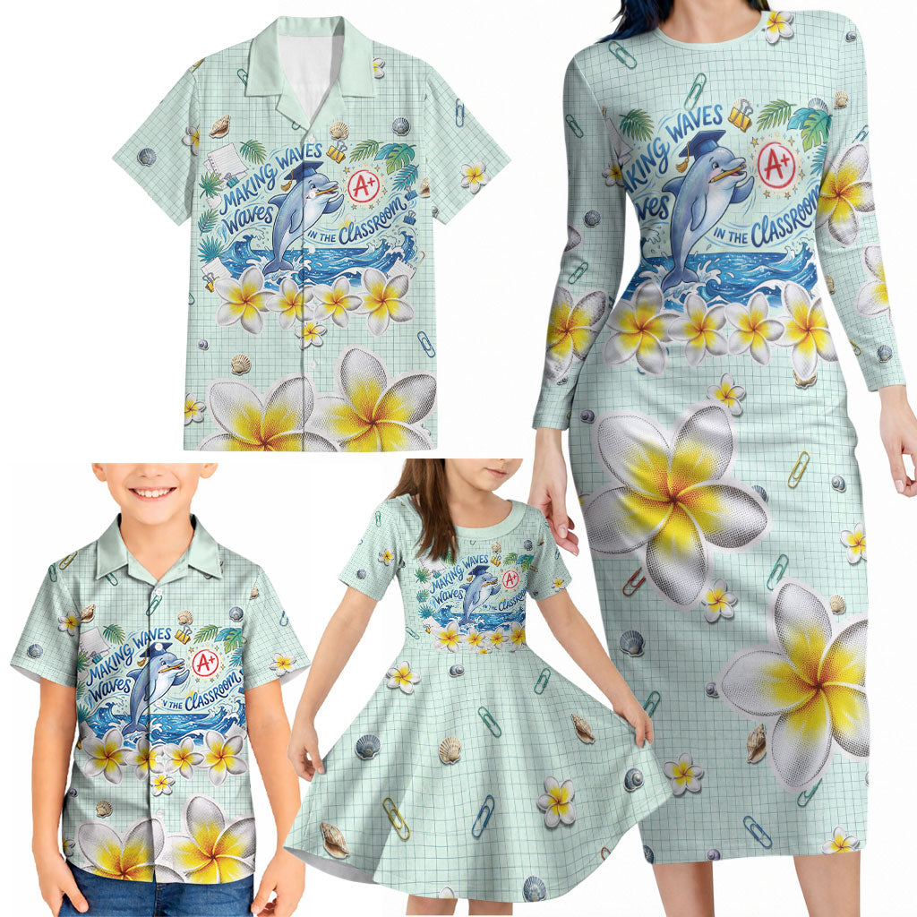 Personalized Hawaii Back To School Dolphin Family Matching Long Sleeve Bodycon Dress and Hawaiian Shirt Grid Notebook Background With Dolphin Mascot And Plumeria Flowers TS04 - Polynesian Pride