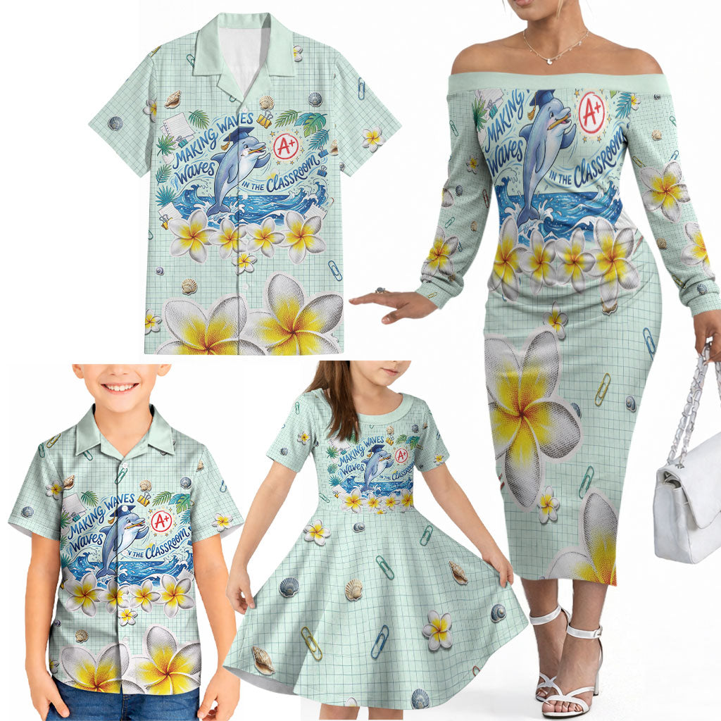 Personalized Hawaii Back To School Dolphin Family Matching Off The Shoulder Long Sleeve Dress and Hawaiian Shirt Grid Notebook Background With Dolphin Mascot And Plumeria Flowers TS04 - Polynesian Pride