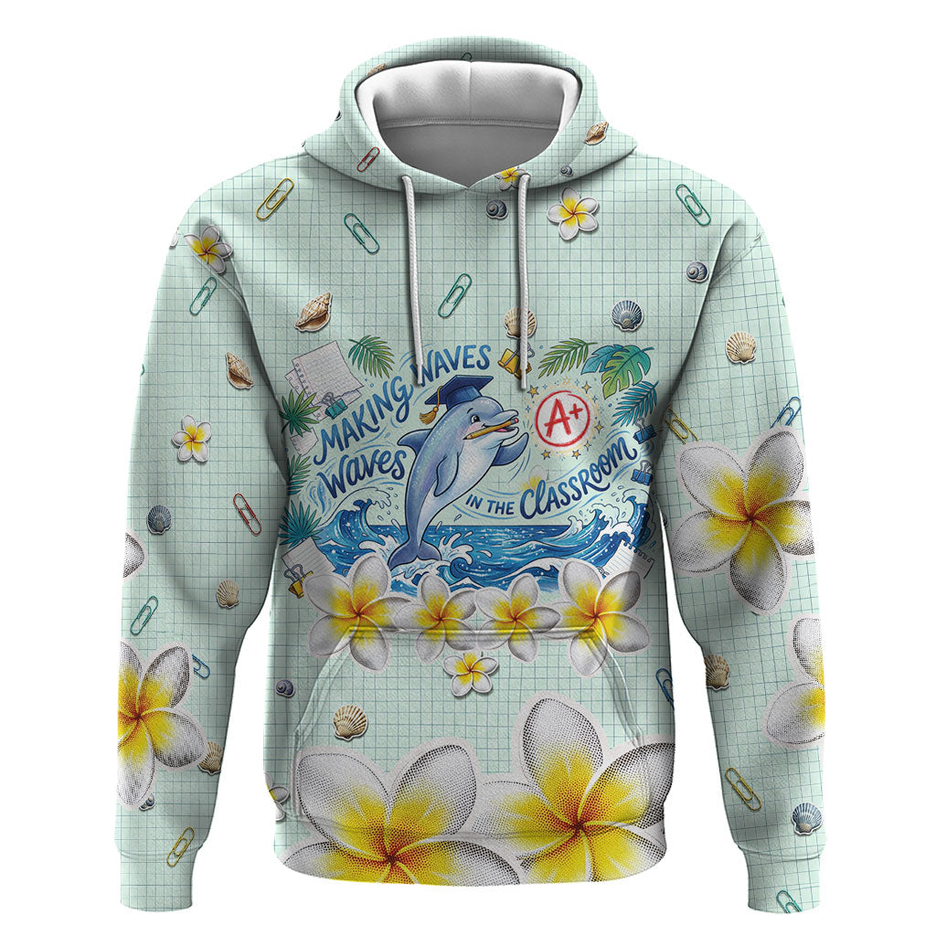 Personalized Hawaii Back To School Dolphin Hoodie Grid Notebook Background With Dolphin Mascot And Plumeria Flowers TS04 Pullover Hoodie Green White - Polynesian Pride