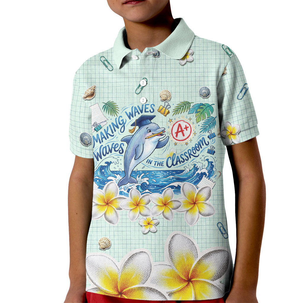 Personalized Hawaii Back To School Dolphin Kid Polo Shirt Grid Notebook Background With Dolphin Mascot And Plumeria Flowers TS04 Kid Green White - Polynesian Pride
