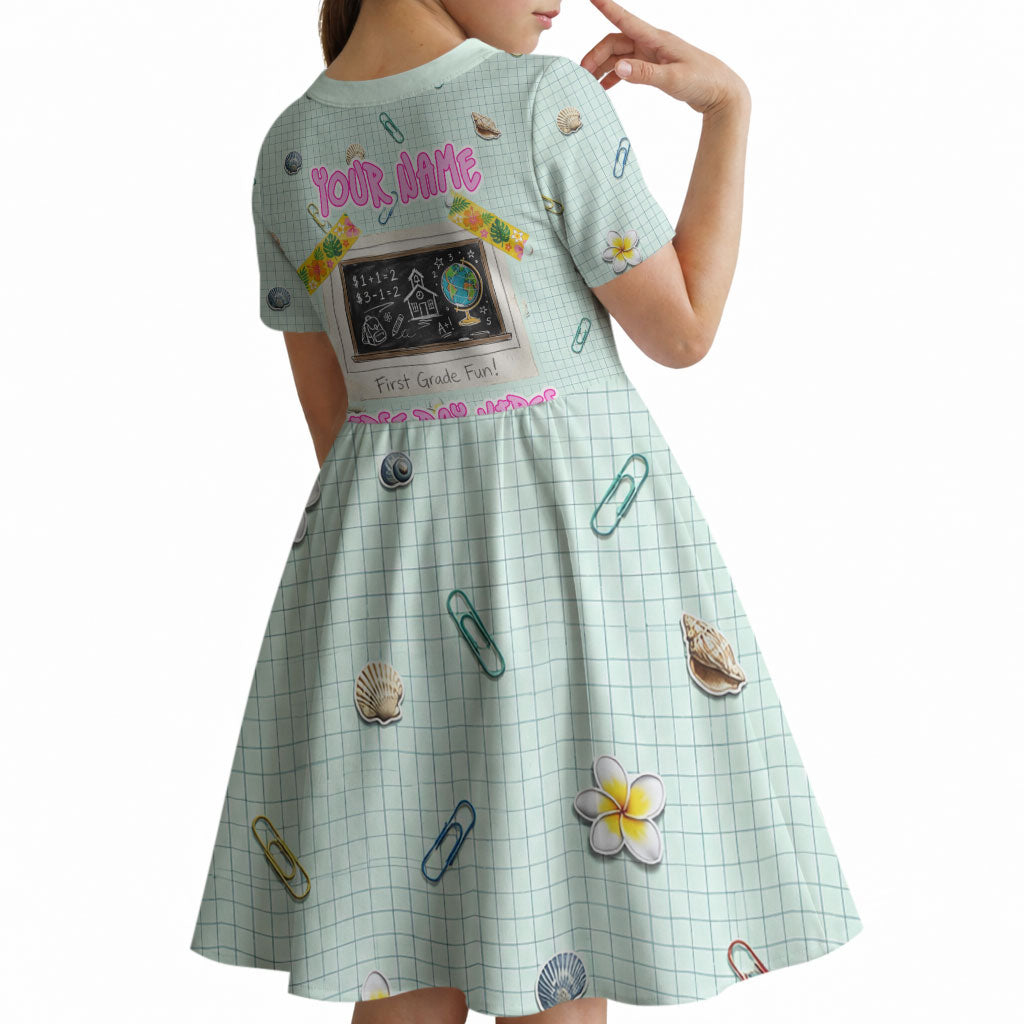 Personalized Hawaii Back To School Dolphin Kid Short Sleeve Dress Grid Notebook Background With Dolphin Mascot And Plumeria Flowers TS04 - Polynesian Pride