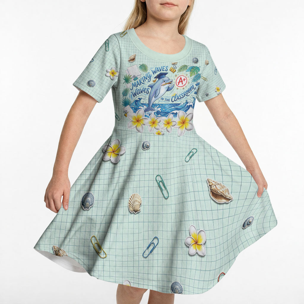 Personalized Hawaii Back To School Dolphin Kid Short Sleeve Dress Grid Notebook Background With Dolphin Mascot And Plumeria Flowers TS04 - Polynesian Pride
