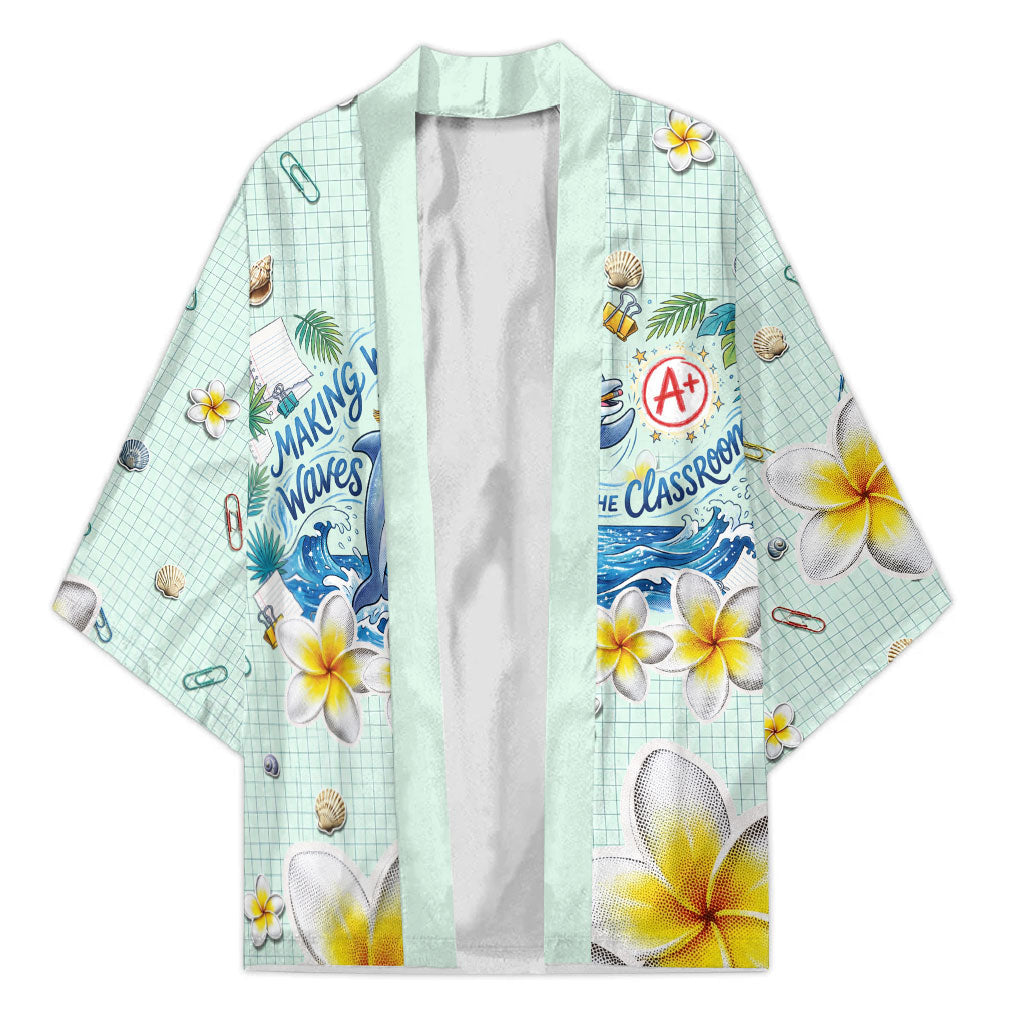 Personalized Hawaii Back To School Dolphin Kimono Grid Notebook Background With Dolphin Mascot And Plumeria Flowers TS04 Unisex Green White - Polynesian Pride