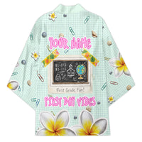 Personalized Hawaii Back To School Dolphin Kimono Grid Notebook Background With Dolphin Mascot And Plumeria Flowers TS04 - Polynesian Pride